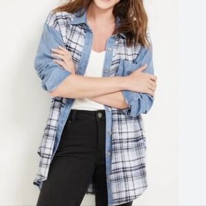 🎂 Maurices Denim and‎ Chambray Plaid Oversized Boyfriend Button Up Shirt